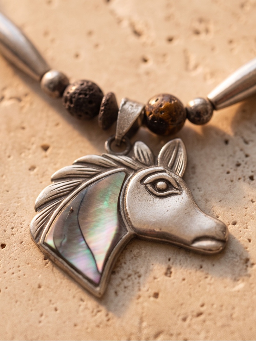 Vintage Horse Head Abalone Shell and Tiger's Eye Beaded Necklace Unisex